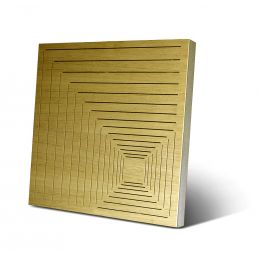 Gold-tone perforated acoustic panel with a concentric square design.