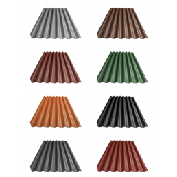 Eterniit Agro L aaltopeltilevyjä eri väreissä: harmaa, ruskea, punainen, vihreä, oranssi, musta.