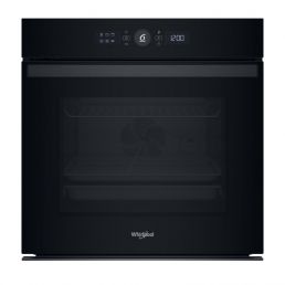 Black built-in oven with a digital control panel on top, glass door, and Whirlpool logo.