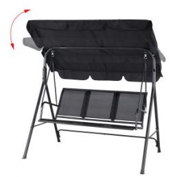 Svart trädgårdsgunga för tre personer med metallram och justerbart tak.