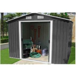 Metallist aiakuur, suurus 2260x2050 mm, hall, 4,63 m², kahepoolsete uste ja mitmete aiatarvikutega sees.