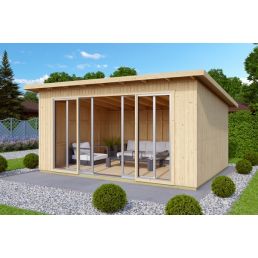 Compact wooden garden house with large glass doors and a furnished terrace.