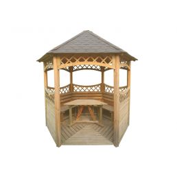 Wooden garden gazebo Lillo S with a hexagonal roof and lattice side panels.