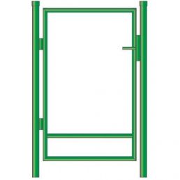 Grön gånggrindsram, 1000 mm bred, med en dörr på gångjärn.