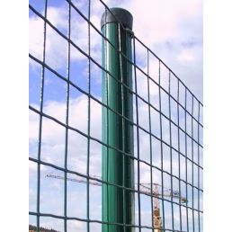 Green PVC-coated welded mesh, a clear image of a strong and durable mesh structure, sky-blue background.