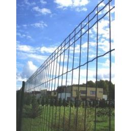 Gray metal welded mesh coated with PVC, 25 meters on a roll, mesh height 1 to 1.5 meters, set against a green landscape and blue sky.