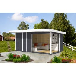 Garden house with a white and gray color scheme, large sliding doors, and a window. The area is 13.2 m².