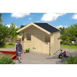 A small wooden playhouse with a natural finish and a black roof.