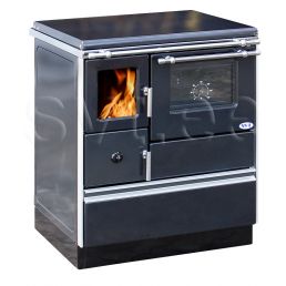 Black wood stove Alfa 70 with a right-hand glass door, 7 kW. Features a large viewing window to see the flames.