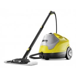 Kollane ja hall Kärcheri auruti SC 4 EasyFix, mis on varustatud ratastega, multifunktsionaalse otsikuga ja pika painduva voolikuga.