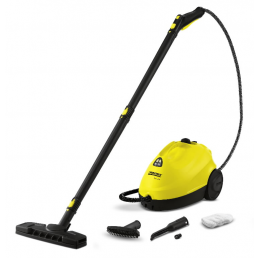 Kollane Kärcher SC 2 EasyFix auruti painduva toru, erinevate otsikute ja valge puhastuslapiga.