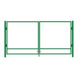 Grön metallgrindram, 4000 mm bred, tvådelad design.