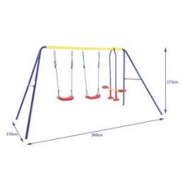 Blue and red children's swing set with two swings and a push scooter, dimensions: 237 cm x 170 cm x 122 cm.