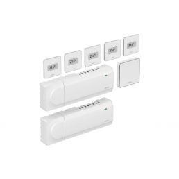 Uponor Smatrix Base startpaket Pulse L i vitt, inkluderar två termostatiska radiatorventiler och flera kontrollpaneler.