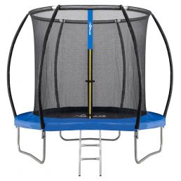 Trampoline with a black safety net and blue trim. Diameter is 305 cm and it includes a ladder.