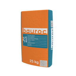Oranži ja sinise värviga 25 kg bauroc viimistluskrohvi pakend.