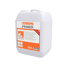 Valge 10-liitrine kanister bauroc PRIMER, oranž ja valge silt.