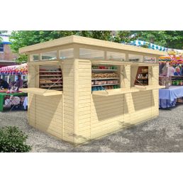 A large wooden kiosk with blinds and plenty of shelves for product display, located near outdoor sales stands.