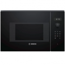 Svart inbyggd mikrovågsugn Bosch BFL524MB0 med digital display och touchknappar.