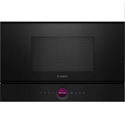 Svart inbyggd mikrovågsugn från Bosch BFL7221B1 med kontrollpanel på den nedre kanten.