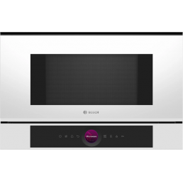 Integrerad mikrovågsugn Bosch BFL7221W1 i vitt med svart glasdörrpanel och pekskärmskontrollpanel.
