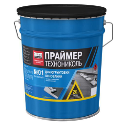 20-liitrine sinine bituumenpraimer, mõeldud katuste ja vundamentide jaoks. Pakendil on toote teave ja kasutusjuhend.