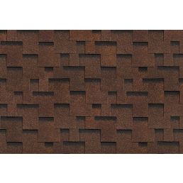 Mörkbrun nyanserad bitumen shingle med oregelbundet ackordmönster.