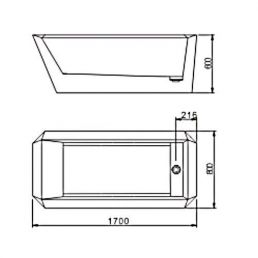 Technical drawing of a white bathtub named Hjärta, with dimensions 170x80x60 cm.