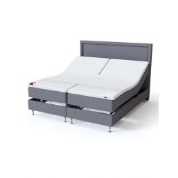 Grey motorized bed measuring 90x200x49 cm, with an adjustable headrest and two separately controllable bed bases.
