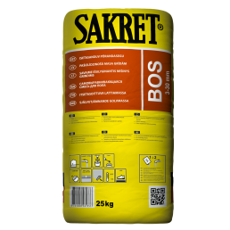 Keltainen 25 kg:n Sakret BOS itsetasaava lattiasekoituspussi, jossa on tuotetiedot ja käyttöohjeet painettuna etupuolelle.