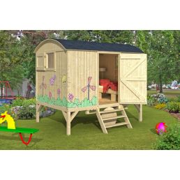 Wooden children's playhouse with double doors, children's furniture inside, and colorfully painted details.