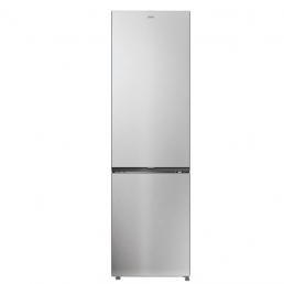 Hopeinen kaksiosainen jääkaappi, jossa ylhäällä jääkaappi ja alhaalla pakastin, korkea ja kapea malli.