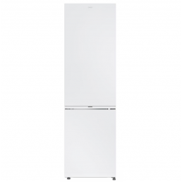 Valkoinen jääkaappi kahdella ovella, pakastin alhaalla, suorakulmainen muoto ja sileä etupaneeli ilman näkyviä vetimiä.