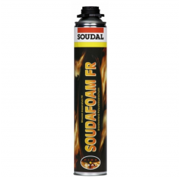 Soudal Soudafoam FR palonsuojavaahto, 750 ml, musta-punainen metallipullo liekkikuvioinnilla.