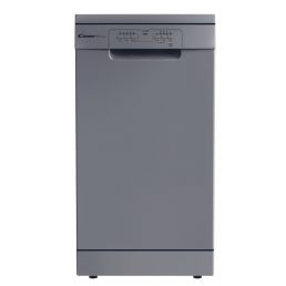 Grå diskmaskin med frontlastning och en digital kontrollpanel längst upp.