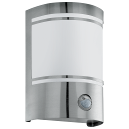 Cerno 40W E27 outdoor light with sensor. Stainless steel body with white frosted glass and integrated motion sensor.