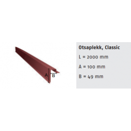 Ruskea metallinen päätylista, jonka pituus on 2000 mm, leveys 100 mm ja reunakorkeus 49 mm, tarkoitettu kattoreunan viimeistelyyn.