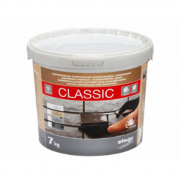 7 kg valkoinen muovisanko Classic-laastilla, jonka etupuolella on tuotteen käyttöesimerkkejä.