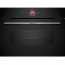 Svart kompaktugn Bosch CMG7241B1 med handtag i rostfritt stål och pekskärmskontroller.