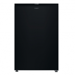 Black single-door refrigerator with a flat front, compact design, Candy logo at the top, and small adjustable feet at the bottom.