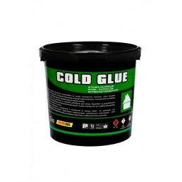 Black plastic bucket with a green label and white text. It contains bitumen-rubber adhesive branded 'COLD GLUE'. Capacity is 5-10 kg.