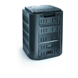Black plastic composter with a breathable design featuring multi-tiered air ducts and a top lid.