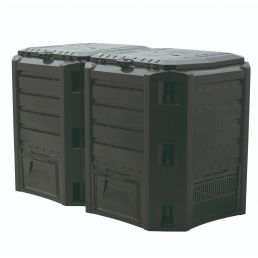 Dark gray composter with two sections, a sturdy design, and lockable lids.