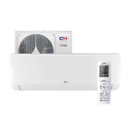 Valge C&H Vital NG konditsioneer koos kaugjuhtimispuldiga, sisaldab nii sise- kui ka välisosa.