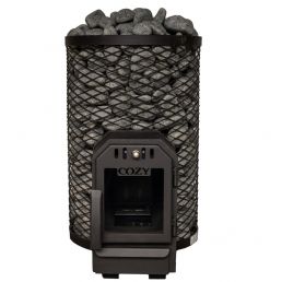 Black sauna heater with a basket filled with stones on top and a digital control panel in the front.