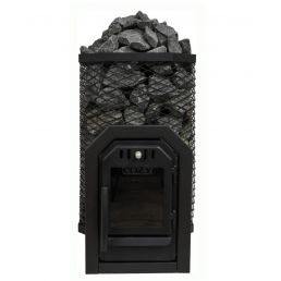 Svart rektangulär bastuugn med stenar ovanpå, avsedd för uppvärmning från ett annat rum.