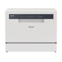 Freestanding white dishwasher, Candy CP6E51LW model, featuring a simple and modern design.