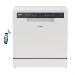 White freestanding dishwasher Candy CP8F9FFW featuring a control panel and remote control.