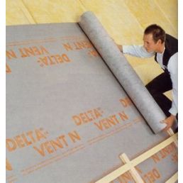 Hingav aluskate Delta-VENT N PLUS, mõõtudega 75m² ja integreeritud teibiga, halli tooniga.