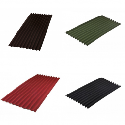 Neljän erivärisen bitumiaaltopeltilevyn sarja - musta, vihreä, punainen ja ruskea, koko: 2000x950 mm.